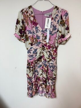 Adelyn Rae Pink Floral Ruched V-Neck Mini Dress